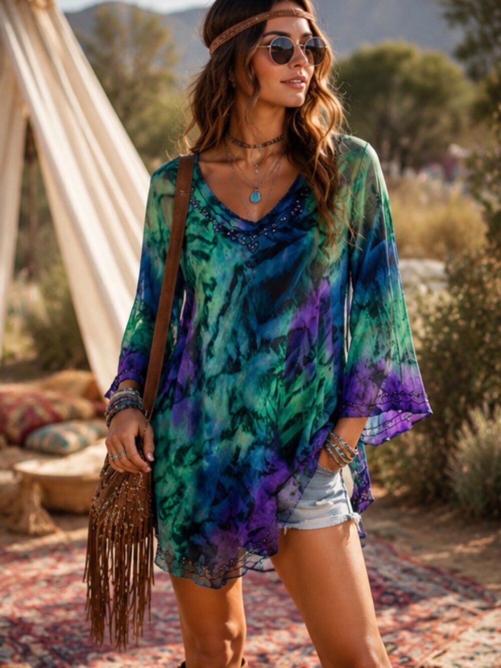 Boho Festival Tunic Top Cover Up Blue Green Purple Beaded 3/4 Sleeve Size L/XL